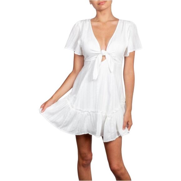 Cotton Candy LA Juniors Size Small Dress White Tie Front Low V Neck Ruffle Lined - Picture 3 of 12